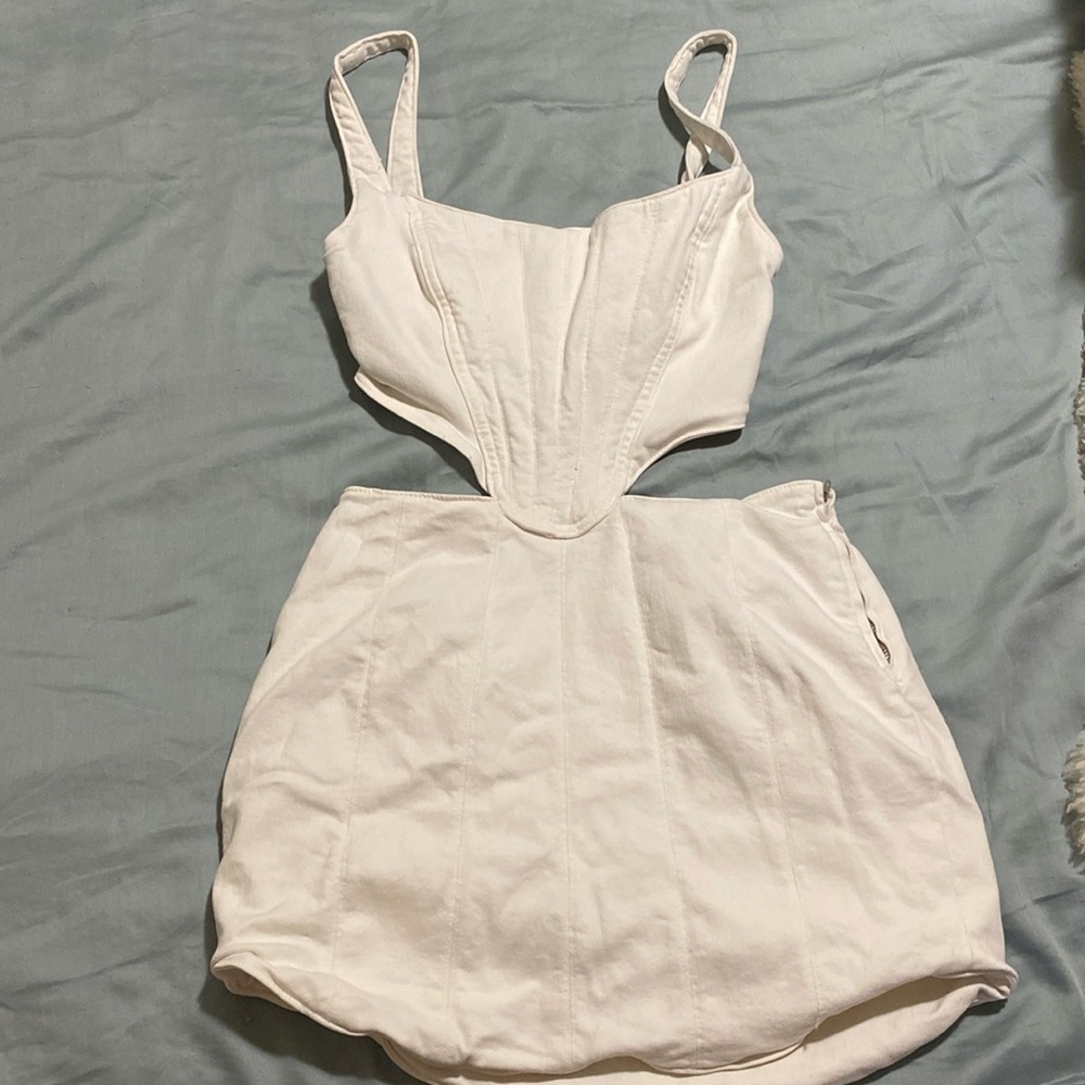 Zara white cotton denim mini dress with cutouts